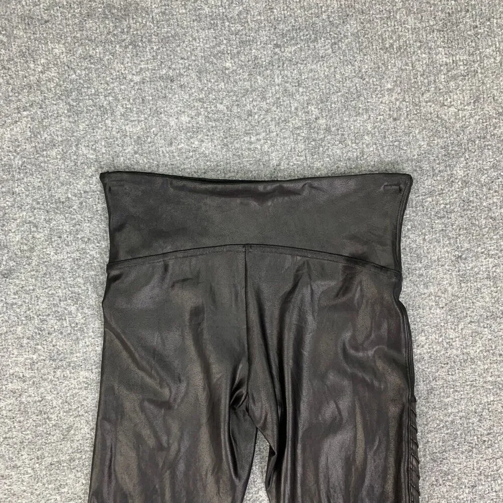 Spanx Leggings Women S Small Black Coated Faux Leather Moto Pull On Ribbed Panel